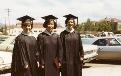 Linda George Jones poses with classmates at commencement in 1971